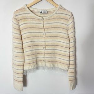 Leur Logette Alpaca And Wool Cream Stripe Metallic Tulle Trim Cardigan